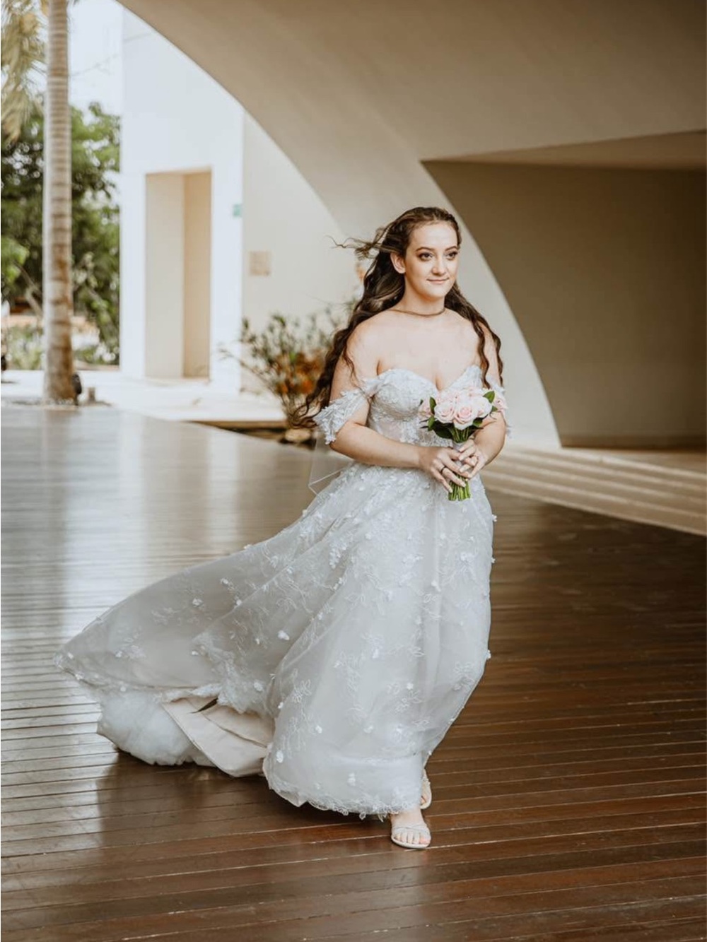 Off-Shoulder White Floral Appliqué Bridal Gown
